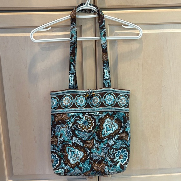 Vera Bradley Java Blue Brown and Blue Cotton Tote Bag with Tortoise Shell Toggle - Picture 1 of 7